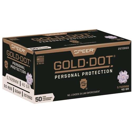 Ammunition Speer Ammunition Speer Gold Dot 5.7x28mm SPR GOLD DOT 5.7X28MM 40GR HP 50/500 • Model: Speer Gold Dot